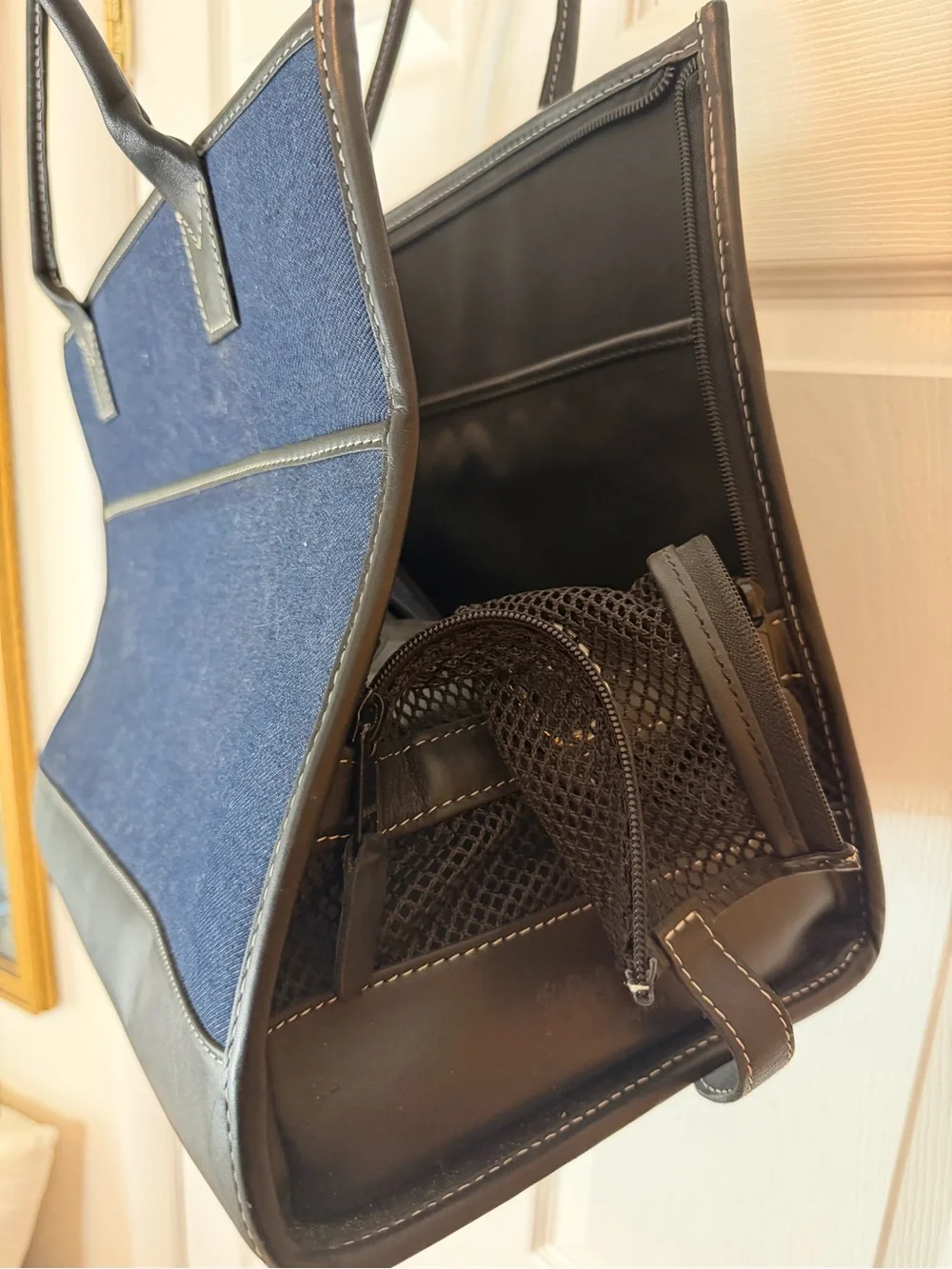 Fifi & Romeo Pet Carrier Denim Navy and Leather Tote with Black Trim